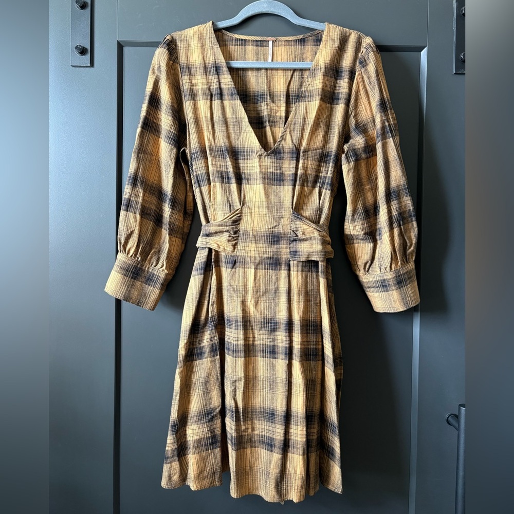 Free People Tan and Black Plaid Long Sleeve Dress - Picture 3 of 7